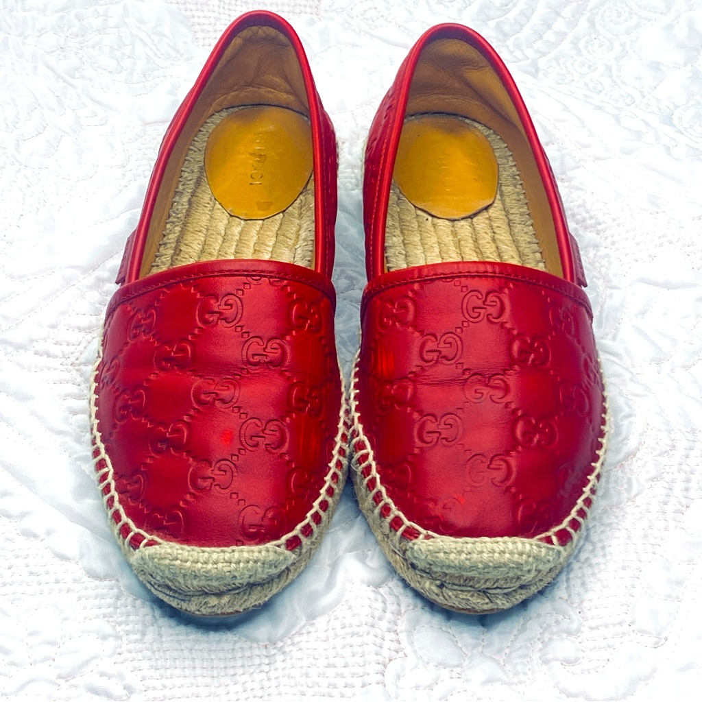 Gucci Red Leather Espadrilles With Gg Signature Size 38